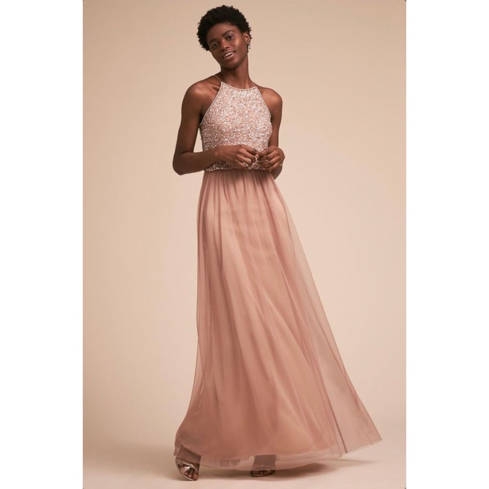 BHLDN dress, rose gold beaded top, blush tulle overlay skirt.